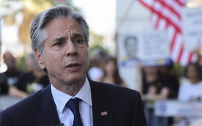 US Secretary of State Antony Blinken speaks to the media as after meeting with families of Hamas hostages, during his visit to Tel Aviv, Israel, June 11, 2024. (Jack Guez/ Pool Photo via AP)