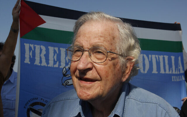 FILE - In this file photo from October 20, 2012, Noam Chomsky stands during a press conference to support the Gaza-bound flotilla in the port of Gaza City. (AP Photo/Hatem Moussa, File)
