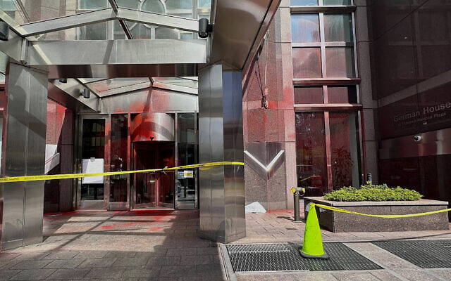 Red paint covers portions of the entrance to the German consulate building after it was vandalized by anti-Israel protesters, Wednesday, June 12, 2024, in New York. AP Photo/Sophie Rosenbaum) Red paint covers portions of the entrance to the German consulate building after it was vandalized by anti-Israel protesters, Wednesday, June 12, 2024, in New York. AP Photo/Sophie Rosenbaum)