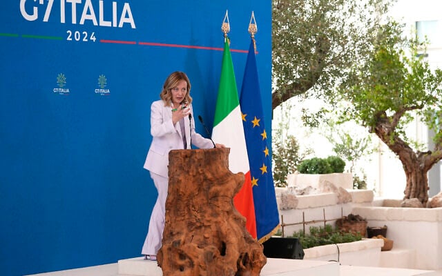 Italian Prime Minister Giorgia Meloni speaks during a final media conference at the G7 in Borgo Egnazia, near Bari in southern Italy, Saturday, June 15, 2024. (AP Photo/Domenico Stinellis)