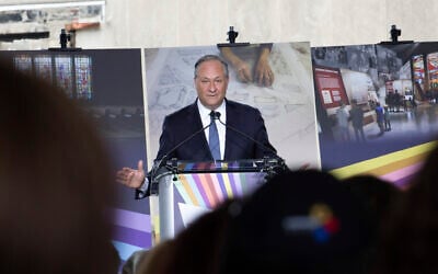 Second gentleman Doug Emhoff gives remarks during the groundbreaking ceremony for the new Tree of Life complex in Pittsburgh, Sunday, June 23, 2024. The new structure is replacing the Tree of Life synagogue where 11 worshipers were murdered in 2018 in the deadliest act of antisemitism in US history. (AP/Rebecca Droke)