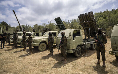 Members of Lebanese terror group Hezbollah carry out a training exercise in Aaramta village in the Jezzine District, southern Lebanon, Sunday, May 21, 2023. (AP/Hassan Ammar)