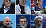 This combination of photo ahead of the June 28, 2024 Iranian presidential elections shows Iranian presidential candidates Masoud Pezeshkian, lawmaker and a former Health Minister, top left; Saeed Jalili, former senior nuclear negotiator, top center; Alireza Zakani, Tehran Mayor, top right; Mohammad Bagher Qalibaf, Parliament Speaker, bottom left; Amirhossein Ghazizadeh Hashemi, the late President Raisi's Vice-President, bottom center; and Mostafa Pourmohammadi, a former Minister of Justice. (AP Photo/Vahid Salemi)