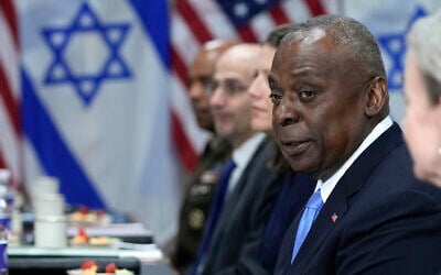 Defense Secretary Lloyd Austin speaks during a meeting with Israeli Defense Minister Yoav Gallant at the Pentagon in Washington, June 25, 2024. (AP/Susan Walsh)
