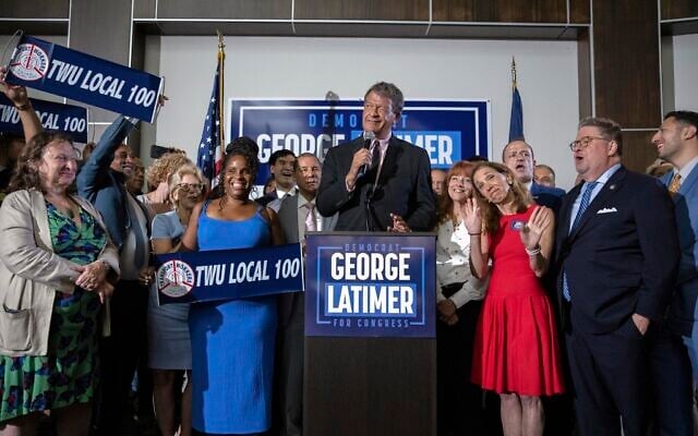 Westchester County Executive George Latimer speaks at his primary election night party, June 25, 2024 in White Plains, NY. (AP/Jeenah Moon) Westchester County Executive George Latimer speaks at his primary election night party, June 25, 2024 in White Plains, NY. (AP/Jeenah Moon)