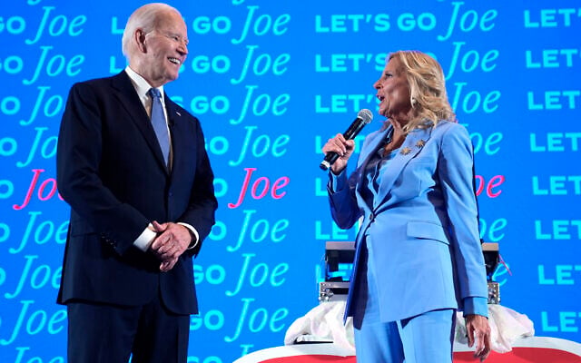 President Joe Biden, left, and first lady Jill Biden speak at a presidential debate watch party, Thursday, June 27, 2024, in Atlanta. (AP Photo/Evan Vucci)