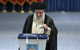 Iranian Supreme Leader Ayatollah Ali Khamenei casts his ballot during the presidential election, in Tehran, Iran, June 28, 2024. (AP/Vahid Salemi)