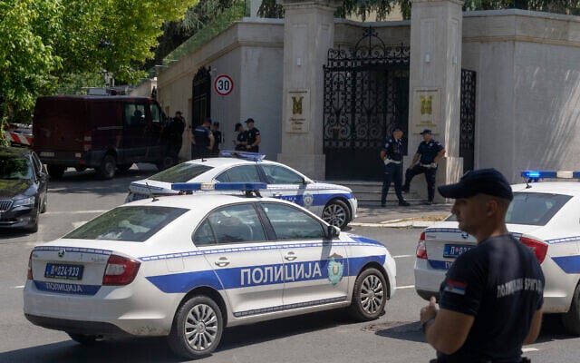 Police officers block off traffic at an intersection close to the Israeli embassy in Belgrade, Serbia, June 29, 2024. (AP Photo/Marko Drobnjakovic) Police officers block off traffic at an intersection close to the Israeli embassy in Belgrade, Serbia, June 29, 2024. (AP Photo/Marko Drobnjakovic)