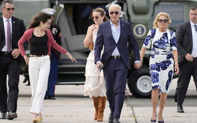President Joe Biden, center right, and first lady Jill Biden, right, arrive on Marine One with granddaughters Natalie Biden, from left, and Finnegan Biden, at East Hampton Airport, Saturday, June 29, 2024, in East Hampton, NY (AP/Evan Vucci)