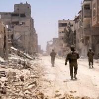 Troops of the IDF's Givati Brigade operate in the Yabna camp of southern Gaza's Rafah, June 18, 2024. (Emanuel Fabian/Times of Israel)