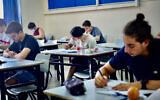 Illustrative photo of Israeli high school students taking an exam, in Tel Aviv on June 29, 2020. (Avshalom Sassoni/Flash90)