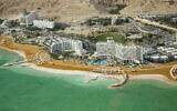 Aerial view of hotel complexes in Ein Bokek, at the Dead Sea, in March 2021. (Moshe Shai/Flash90)