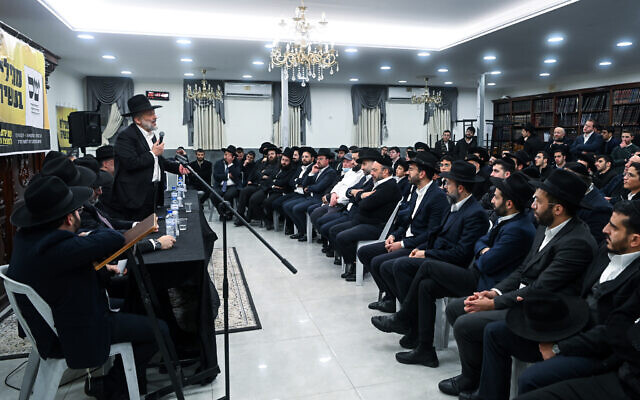Shas chairman Aryeh Deri speaks during an event of the Shas party ahead of the municipal elections in Jerusalem, February 19, 2024. (Arie Leib Abrams/Flash90) Shas chairman Aryeh Deri speaks during an event of the Shas party ahead of the municipal elections in Jerusalem, February 19, 2024. (Arie Leib Abrams/Flash90)