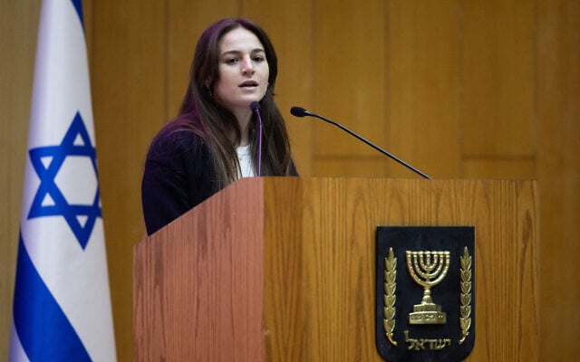 Former hostage Maya Regev speaks during a International Women's Day ceremony at the Knesset on March 5, 2024. (Yonatan Sindel/Flash90) Former hostage Maya Regev speaks during a International Women's Day ceremony at the Knesset on March 5, 2024. (Yonatan Sindel/Flash90)