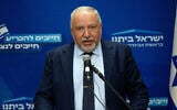 Yisrael Beytenu party leader Avigdor Liberman leads a faction meeting at the Knesset in Jerusalem, on May 27, 2024. (Yonatan Sindel/Flash90)