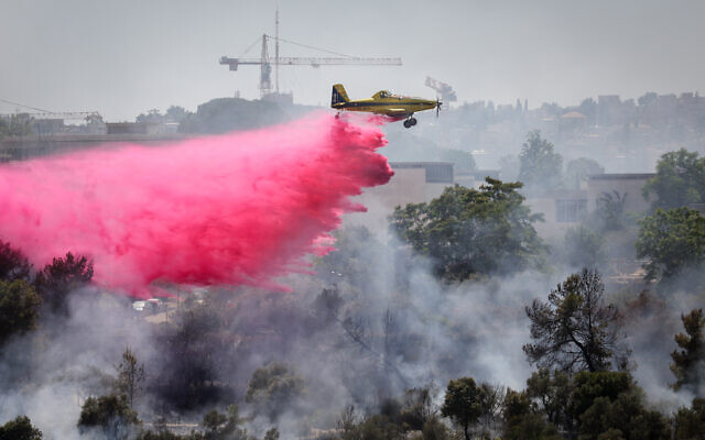 Israeli firefighters try to extinguish a fire which broke out in the Valley of the Cross near the Israel Museum in Jerusalem, June 2, 2024 (Yonatan Sindel/Flash90) Israeli firefighters try to extinguish a fire which broke out in the Valley of the Cross near the Israel Museum in Jerusalem, June 2, 2024 (Yonatan Sindel/Flash90)