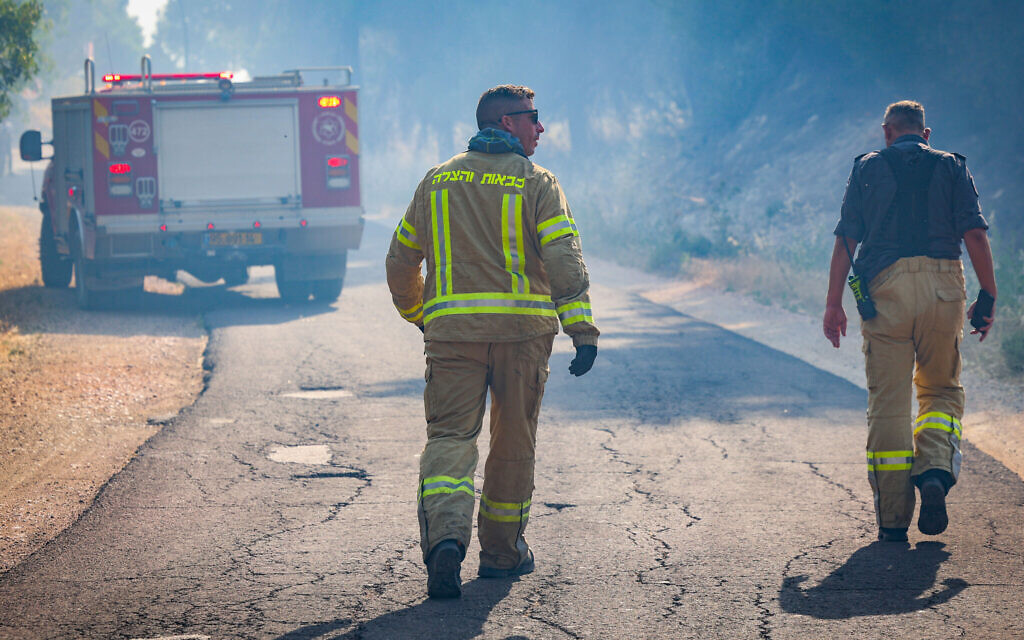 Firefighters try to extinguish a forest fire that started from a fragments of a interception missile at the Biriya Forest in northern Israel, on June 4, 2024. (David Cohen/Flash90)