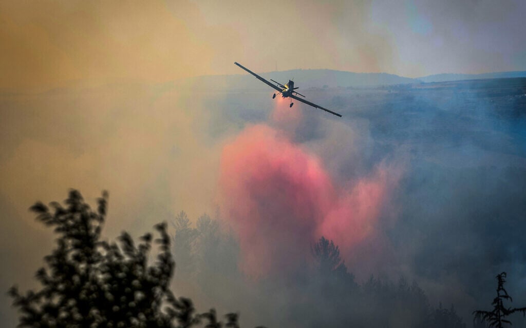 Israeli firefighters try to extinguish a forest fire that started from a fragments of a interception missile at the Biriya Forest in northern Israel, on June 4, 2024. (David Cohen/Flash90)
