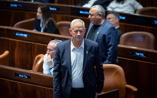 War cabinet minister Benny Gantz attends a plenum session and a vote on reviving the Ultra Orthodox enlistment bill at the assembly hall of the Knesset, Jerusalem, June 11, 2024. (Yonatan Sindel/Flash90)