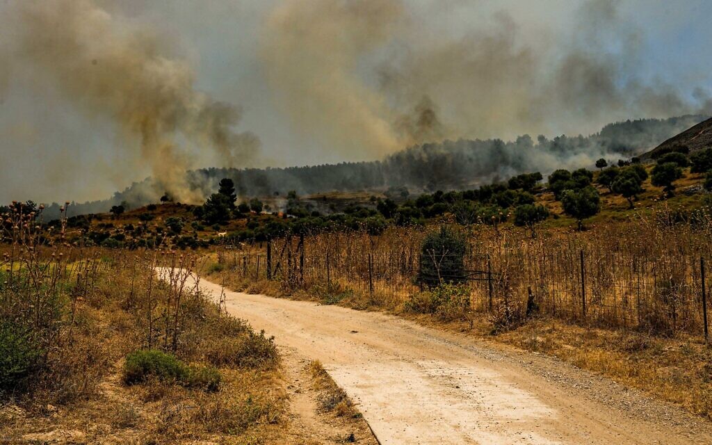 View of a large fire after missiles launched from Lebanon hit open areas in the Galilee area, northern Israel, on June 12, 2024. (Ayal Margolin/Flash90)