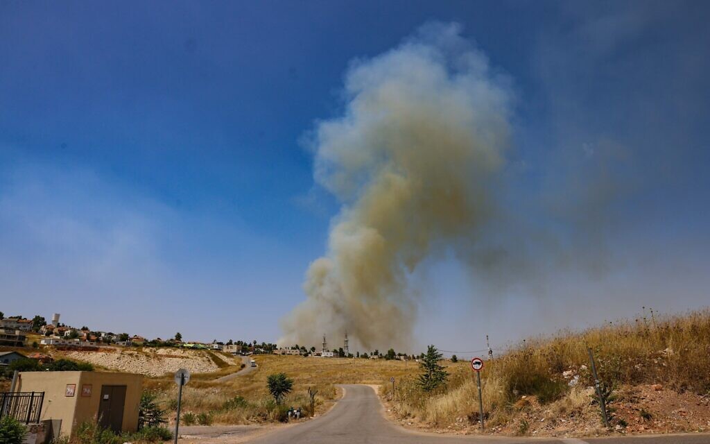 A large fire near the northern city of Safed, sparked by rockets launched from Lebanon on June 13, 2024. (David Cohen/Flash90)