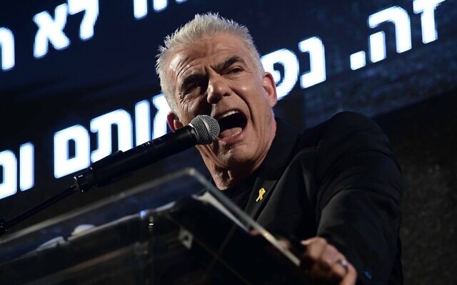 MK Yair Lapid attends a protest calling for the release of Israeli hostages held in the Gaza Strip and against the current Israeli government outside Hakirya Base in Tel Aviv, June 15, 2024. (Tomer Neuberg/Flash90) MK Yair Lapid attends a protest calling for the release of Israeli hostages held in the Gaza Strip and against the current Israeli government outside Hakirya Base in Tel Aviv, June 15, 2024. (Tomer Neuberg/Flash90)