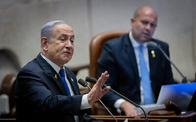 Prime Minister Benjamin Netanyahu at the Knesset in Jerusalem, June 24, 2024. (Chaim Goldberg/Flash90)