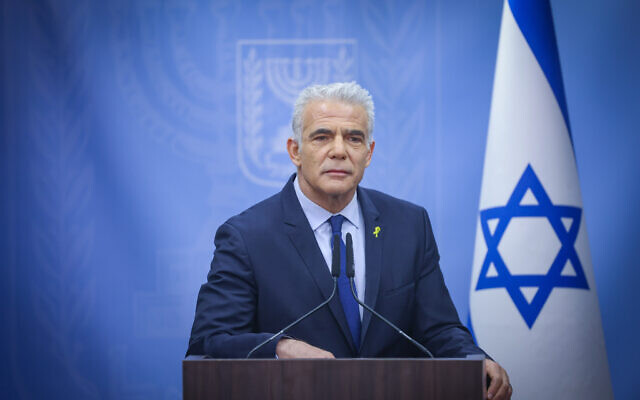 Opposition leader Yair Lapid speaks at a Yesh Atid faction meeting in the Knesset, June 24, 2024. (Chaim Goldberg/Flash90) Opposition leader Yair Lapid speaks at a Yesh Atid faction meeting in the Knesset, June 24, 2024. (Chaim Goldberg/Flash90)