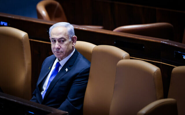 Prime Minister Benjamin Netanyahu attends a debate at the plenum hall of the Knesset in Jerusalem, on June 24, 2024 (Chaim Goldberg/Flash90) Prime Minister Benjamin Netanyahu attends a debate at the plenum hall of the Knesset in Jerusalem, on June 24, 2024 (Chaim Goldberg/Flash90)