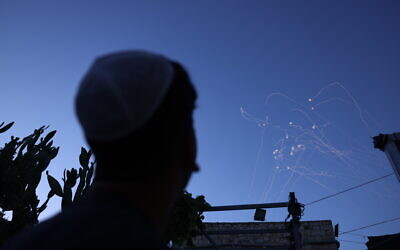 Rockets intercepted over the northern city of Safed, June 27, 2024. (David Cohen/Flash90)