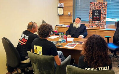 United Torah Judaism chairman Yitzhak Goldknopf meets with relatives of hostages held by Hamas in Gaza, June 3, 2024. (UTJ Spokesperson/X)