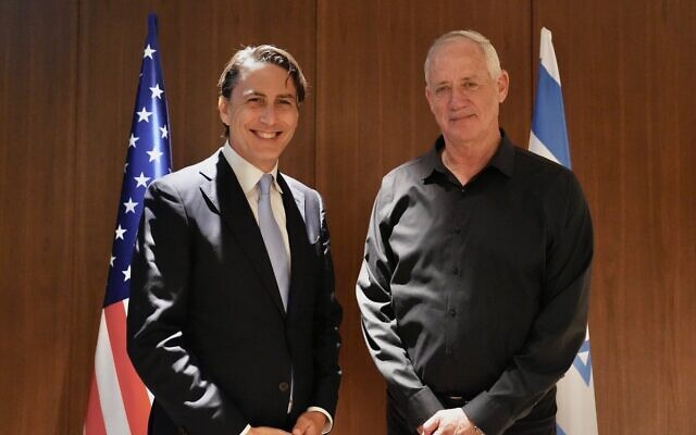 National Unity chairman Benny Gantz (right) meets with US envoy Amos Hochstein on June 17, 2024. (Courtesy) National Unity chairman Benny Gantz (right) meets with US envoy Amos Hochstein on June 17, 2024. (Courtesy)