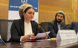 MKs Limor Son Har-Melech (Otzma Yehudit) and Zvi Sukkot (Religious Zionism) at the first meeting of the newly established 'Knesset Caucus for the Renewal of Settlement in the Gaza Strip,' June 18, 2024. (Sam Sokol/Times of Israel)