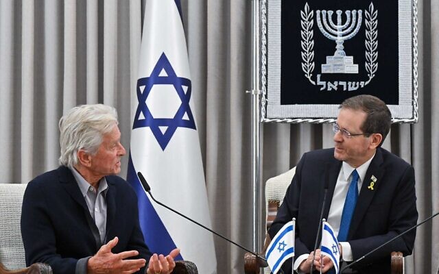 Actor Michael Douglas (left) meets with President Isaac Herzog in Jerusalem on June 2, 2024. (Kobi Gideon / GPO) Actor Michael Douglas (left) meets with President Isaac Herzog in Jerusalem on June 2, 2024. (Kobi Gideon / GPO)