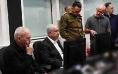 From left to right: Defense Minister Yoav Gallant, Prime Minister Benjamin Netanyahu, IDF Chief of Staff Herzi Halevi and Shin Bet security services director Ronen Bar at a special operations room overseeing a mission to release hostages in the Gaza Strip, June 8, 2024. (Shin Bet security service)
