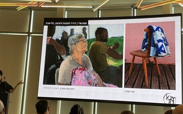 Works about the last eight months since the October 7, 2023 Hamas attack will be part of the 2024 Fresh Paint art fair, July 3-8, 2024, including the painting on the left that features former hostage Yaffa Adar as she was taken captive in Gaza (Jessica Steinberg/Times of Israel)