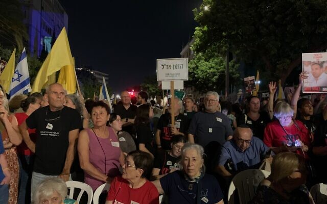 Hundreds of protesters calling for a hostage deal gathered at Paris Square on June 8, 2024. (Charlie Summers/Times of Israel)