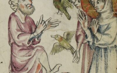 Illustrative photo of Jesus raising clay birds to life. From the Klosterneuburger Evangelienwerk, a 14th century German translation of apocrypha, including the Infancy Gospel of Thomas. (public domain)