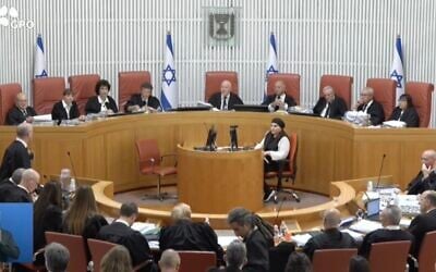 Nine-justice panel at the High Court of Justice hearing petitions demanding the immediate conscription of ultra-Orthodox young men to the Israel Defense Forces, June 2, 2024 (Screen grab)