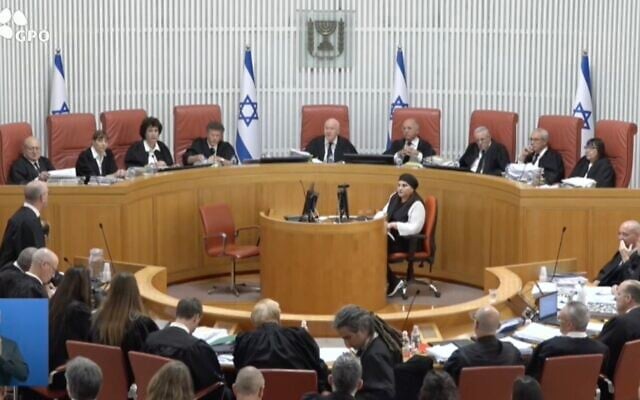 Nine-justice panel at the High Court of Justice hearing petitions demanding the immediate conscription of ultra-Orthodox young men to the Israel Defense Forces, June 2, 2024 (Screen grab)