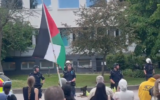Police surround a building in Sweden's Royal Institute of Technology where anti-Israel activists had barricaded themselves, as protesters' supporters gather, in Stockholm, Sweden, June 7, 2024. (Screen capture: X, used in accordance with Clause 27a of the Copyright Law)