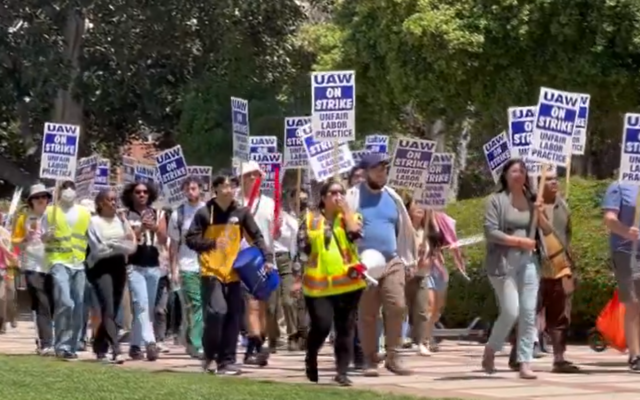 File - University of California academic workers with the UAW 4811 union stage a protest on the UCLA campus in Los Angeles, California, May 31, 2024. (Screen capture: X/ieUnionActivist, used in accordance with Clause 27a of the Copyright Law) File - University of California academic workers with the UAW 4811 union stage a protest on the UCLA campus in Los Angeles, California, May 31, 2024. (Screen capture: X/ieUnionActivist, used in accordance with Clause 27a of the Copyright Law)