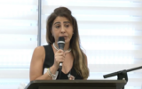 Shira Albag, mother of hostage Liri Albag, speaks during a conference of the Female Municipal Leaders' Forum in Ganei Tikva, June 14, 2024. (Screen capture: Ynet, used in accordance with Clause 27a of the Copyright Law)