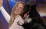 Israeli dog trainer Roni Sagi and her border collie Rhythm perform on America's Got Talent, as seen in this screenshot from their audition video, posted by the show on YouTube. (Screenshot, used in accordance with Clause 27a of the Copyright Law)