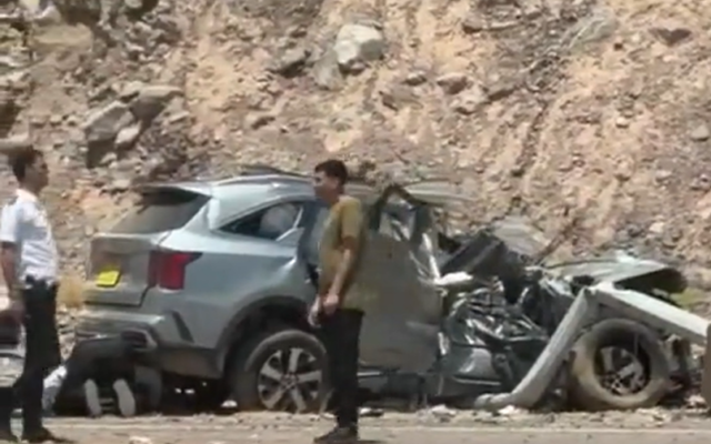 Wreckage of a car in Egypt's Sinai Peninsula after a crash in which three family members from Kafr Qasim were killed, June 15, 2024. (Screen capture: Walla, used in accordance with Clause 27a of the Copyright Law) Wreckage of a car in Egypt's Sinai Peninsula after a crash in which three family members from Kafr Qasim were killed, June 15, 2024. (Screen capture: Walla, used in accordance with Clause 27a of the Copyright Law)