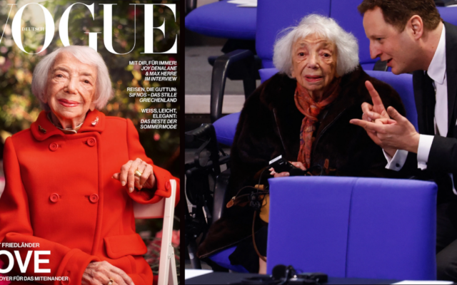 Margot Friedlander, 102, is on the cover of the July/August Vogue Germany edition. At right, she appears during an event at the Bundestag in January 2024. (Michele Tantussi/AFP/Getty Images via JTA) Margot Friedlander, 102, is on the cover of the July/August Vogue Germany edition. At right, she appears during an event at the Bundestag in January 2024. (Michele Tantussi/AFP/Getty Images via JTA)