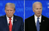 Former US president Donald Trump (L) debates President Joe Biden (R) ahead of the 2024 US presidential election, June 27, 2024. (Screenshot via YouTube)