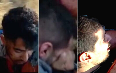 Screenshots of hostages Hersh Goldberg-Polin (left), Eliya Cohen (middle) and Or Levy (right) as they were taken hostage into Gaza by Hamas terrorists on October 7, 2023 (Courtesy Hostages and Missing Families Forum)