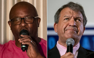 Rep. Jamaal Bowman (left) speaks during a primary-night watch party in Yonkers, New York (AP Photo/Yuki Iwamura) and Westchester County Executive George Latimer speaks at an election night party in White Plains, New York (AP Photo/Jeenah Moon), June 25, 2024.