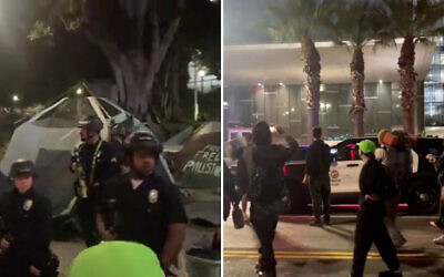 US police are seen at a pro-Palestinian encampment set up outside Los Angeles City Hall, in this screenshot from a video posted to X on June 4, 2024. (Screenshot via X/@PplsCityCouncil)